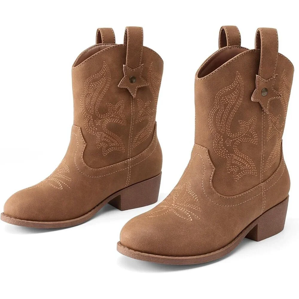 ⚡Girls Camel Cowgirl Boots With Low Heel Western Embroidered Fashion Mid Calf